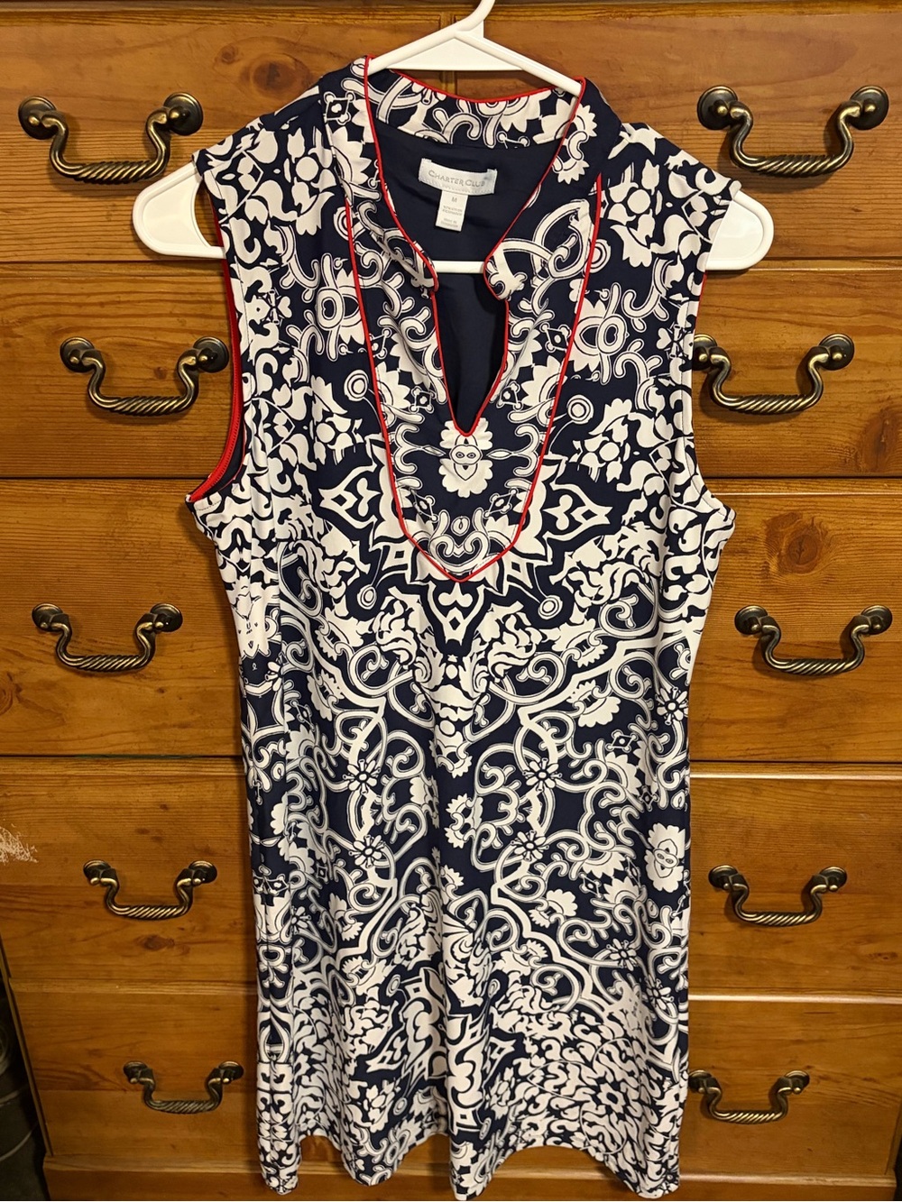 Charter Club Navy & White Sleeveless Printed Dress with Red Piping